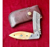 CRAFTOMATIK Couteau de poche en acier damassé | Couteau pliant | Os de chameau, acier damassé, manche en mosaïque | Couteau damassé artisanal pour le camping et les activités de plein air | FK50
