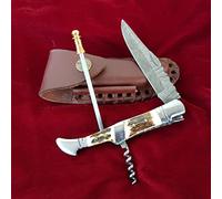 Craftomatik Couteau de poche pliant Laguiole en acier damassé - Manche en acier inoxydable - Avec tire-bouchon - Fabriqué à la main - Couteau de camping - FK22