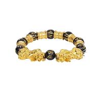 Craftopia Overseas Bracelet Feng Shui en obsidienne noire plaqué or véritable de 12 mm Pixiu et double dragon avec perles dorées pour la chance, la richesse et pour attirer l'argent chargé par Reiki