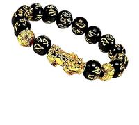 Craftopia Overseas Bracelet Feng Shui Pixiu en obsidienne noire de qualité supérieure | Om Mani | Dragon porte-bonheur avec perles Pi Xiu/Pi Yao plaquées or attirent la chance et la richesse de 10 mm