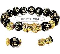 Craftopia Overseas Bracelet indien Feng Shui en obsidienne noire 12 mm Pixiu et dragon pour la chance, la richesse et pour attirer l'argent chargé par Reiki Grandmaster avec boîte