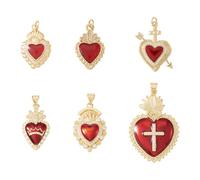 Craftora Lot de 6 breloques en forme de cœur sacré en laiton rouge avec oxyde de zirconium - Pendentifs en émail doré pour fabrication de bijoux