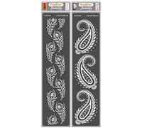 CrafTreat Pochoirs de bordure indienne réutilisables pour peindre sur bois, murs et carrelage - Bordure en plumes de paon et bordure cachemire - Lot de 2 - 7,6 x 30,5 cm - Pochoirs à faire soi-même