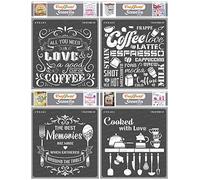 CrafTreat Pochoirs de cuisine réutilisables pour peinture sur bois, toile, tissu, mur - Amour du café, café, souvenirs alimentaires et cuits avec amour - 4 pièces - 15,2 x 15,2 cm