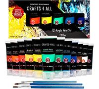 Crafts 4 ALL Kit de Peinture Acrylique, 3 Pinceaux Inclus - Lot de 12 Tubes de 75 ml, Couleurs Assorties, Peinture sur Toile, Bois, Tissu, Céramique, Fournitures Arts Plastiques