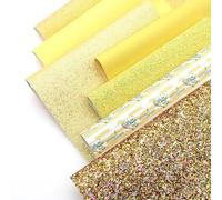 CraftsFabrics Lot de 7 feuilles de tissu imitation cuir imprimé galets litchi jaune pailleté A4 (21 cm x 30 cm) Idéal pour la fabrication de nœuds, boucles d'oreilles, chaussures, sacs, décoration,