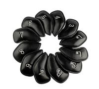 Craftsman Golf Lot de 12 housses de tête de fer de golf en cuir synthétique épais pour toutes les marques (noir avec argent)
