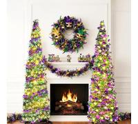 CraftyDream Lot de 2 arbres pop-up Mardi Gras de 1,2 m avec guirlande lumineuse - Arbre à crayons artificiel pliable avec masque et iris pour la maison, l'intérieur et l'extérieur, le carnaval, les