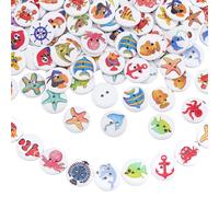 CRAFTYMELODY 100 bouton en Bois Série Océan 2 trous Rond et Plat 20mm Animaux Marins Étoile de Mer Poisson Volant Couture