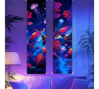 CRAFTYMELODY 2 Pack Tenture de Tortue de Mer à Lumière Noire Tenture sur le Thème de l'Océan Fluorescente dans le Noir Tenture Sous Marine Néon Réactive aux UV Suspension Murale avec Corde