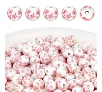CRAFTYMELODY 200 pièce de Perles Rondes en Porcelaine de 10mm Perles en Porcelaine Rose Perle D'Espacement en Vrac Imprimées de Fleurs D'Espacement Chinoises Faites à la Main