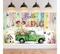 CRAFTYMELODY Bannière « Bonjour Printemps » 72×44 pouces Grand Format Colorée Motif Camion de Printemps et Fleurs avec Œillets et Ficelle de 3.2 yards.