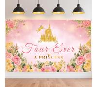 CRAFTYMELODY Bannière « Quatre Fois une Princesse » de 70.943.3 Cm X 4(1) Cm pour Fête D'Anniversaire de (3)E Ans Toile de Fond Murale avec Château de Fleurs et Feux D'Artifice Scintillants