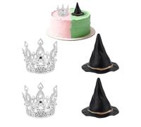 CRAFTYMELODY Décoration de Gâteau de Fête Sur le Thème des Sorcières : 2 couronne Argentée 2 chapeaux de Sorcière Noirs Mini Chapeaux de Magicien Couronne Décorations de Cupcakes