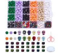 CRAFTYMELODY Kit de Fabrication de Bracelets en Acrylique Perles Rondes pour Halloween Tête de Mort avec Ciseaux Cordon Élastique Anneaux Ouverts Breloques D'Halloween