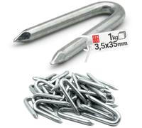 Crampillon acier galvanisé 3,5 x 35 mm, 1 kg env. 210 pcs, crampillons pour cloture, clous en U, clou double pointe, grillage a poule, treillis, piquet bois, piquet cloture, Lun Fix