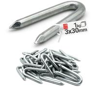 Crampillon acier galvanisé 3x30 mm, 1 kg env. 305 pcs, crampillons pour cloture, clous en U, clou double pointe, grillage a poule, treillis, piquet bois, piquet cloture, Lun Fix