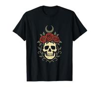 Crâne avec Roses Couronne et Croissant de Lune Art Gothique T-Shirt