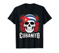 Crâne Cubanito Drapeau Cubain Roses Rouges T-Shirt