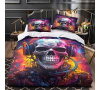 crâne cybernétique Impression 3D 3 pièces Housse de lit Style d'art numérique Housse de Couette Microfibre Respirant Fermeture éclair pour Filles Hommes Adultes King（220x240cm）