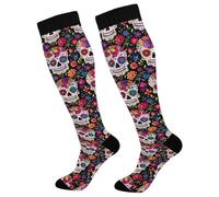 Crâne De Fleur Du Jour De La Mort Chaussettes Contention Sport Calze A Compressione Randonnée Chaussettes Haute Pour Femmes Circulation Travail 50Cm