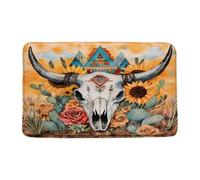 Crâne De Vache De L'Ouest, Cactus du Désert, Style Aztèque Vintage, Fleur, Bohème, Tribal, Ethnique, Abstrait, Sud-Ouest Paillasson D'Entree Doux Paillasson Intérieur Tapis De Douche 40X60Cm
