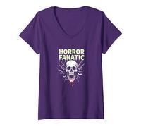Crâne d'horreur fanatique cri pour Les Amateurs d'halloween T-Shirt avec Col en V, Femme, Violet, XXL