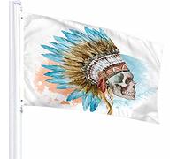 Crâne Drapeau Décor 0,9 x 1,5 m Tribal Ethnique Visage Tête Plume Coiffe Vintage Culture Traditionnelle Guerre Polyester Motif Imprimé Décoration Extérieure pour Maisons et Jardins