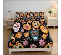 Crâne en Sucre 3D Drap Housse, Antidérapant Doux Draps Housses,Ajustable Housse Matelas avec Bonnet 30 cm,Microfibre Drap-Housse avec Une Rebord Élastique (Coloré,90x200cm)