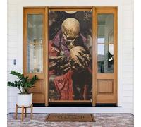 Crâne étrange tenant une autre couverture de porte décorative - Bannière de porte pour intérieur et extérieur, décorations printemps/été/automne/hiver, Halloween, Noël