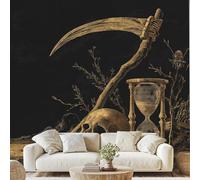 Crâne Faucille Sablier Papier Peint Intissé Crâne D'Halloween Gothique Mural Mystérieux Rétro Papier Peint Autocollant Mural 100x70 cm pour Chambre Salle de Bain Salon