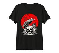 Crâne Gothique Corbeau Rouge et Lune Graphique Corbeau Noir T-Shirt Haut de Gamme