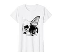 Crâne Gothique Douce Ailes de Papillon Sombres Boho Witchy Cottage Core T-Shirt Graphique avec Valeur, Femme, Blanc, L