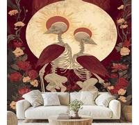 Crâne Gothique Oiseau Rose Papier Peint Intissé Fantastique Squelette D'Halloween Mural Mystérieux Crâne Lune Papier Peint Autocollant Mural 100x70 cm pour Chambre Salle de Bain Salon
