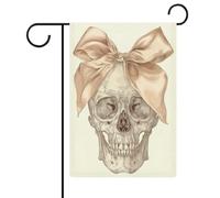 Crâne humain avec nœud en satin gothique esthétique drapeau de jardin saisonnier vacances toile de jute double face maison cour drapeaux extérieurs 32 x 47 cm