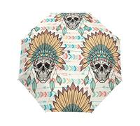 Crâne Indiens Squelette Ethnique Parapluie Pliable Pliant à Ouverture Automatique Parapluies Pliant Coupe-Vent pour Voyager Plage Femmes Enfants Homme Fille