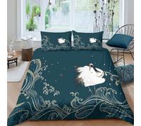 Crane Linge de Lit Microfibre 3 pièces Imprimé en 3D Hypoallergique Japanese Art Style Housse de Couette avec 2 x Taies d'oreiller Respirante for Chambre de garçons Single（135x200cm）