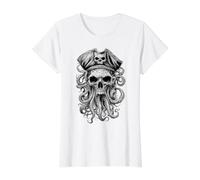 Crâne Pirate Octopus Demon Blackwork Tattoo Flash T-Shirt Graphique avec Valeur, Femme, Blanc, L