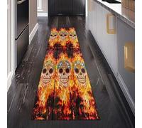 Crâne Sucre Flamme Tapis de Passage 50 x 280 cm, Crâne Gothique avec Fleurs Tapis Cuisine Antidérapant Lavable, Carpet Interieur pour Salon Chambre à Coucher Descente de lit Entree