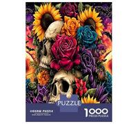 Crâne Tournesol Rose 1000 Pièces Coffret Puzzle Fleurs Memento Mori Puzzle Premium Carton Solide - Ultra Dur Couples, Top Noté, Cadeau Noël Parfait pour Tout Le Monde 38x26cm/1000pcs