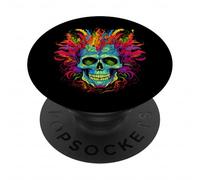Crâne Vert et Bleu avec Cheveux colorés, Plumes. Grands Yeux PopSockets PopGrip Adhésif