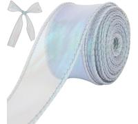 craspire 1-3/5 Pouce Ruban Transparent en Organza Irisé Ruban Cadeau en Tulle Holographique Argenté Tissu Décoratif en Mousseline de Soie Fait à la Main pour Emballage Cadeau Bouquet de Fleurs