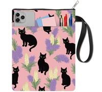craspire 11 x 8.6 Pouces Couverture de Livre Manche Noir Chat Violet Jaune Fleur Floral avec Chiffon de Poche Portable Lavable Sac de Poche Protecteur de Poche Fermeture éclair Extra pour Amateur