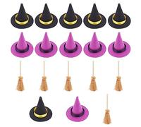 craspire 12 Pcs Mini Chapeaux de Sorcière Halloween 2 Couleurs Polyester Mini Top Ornement Chapeau de Sorcière Accessoires avec 6 Pcs Bois Mini Balai Sorcières pour Party Favors DIY Cheveux