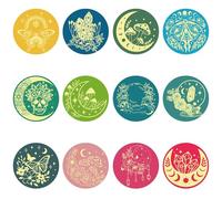 craspire 120 pcs 12 Styles Divination Feuille d'or Autocollant 2 Pouces Rond Auto Adhésif Papillon Papillon Champignon Fleur Phase de Lune Halloween Autocollants Sceaux Étiquettes en Relief
