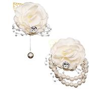craspire 2PCS Fleur Poignet Corsage Mariage Corsage Perle Bracelet Strass Blanc Fleur Artificielle Poignet Boutonnière Boutonnières Demoiselle d'honneur Fleur Poignets Mariage
