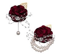 craspire 2PCS Rouge Poignet Corsage Mariage Corsage Perle Bracelet Strass Rose Rouge Fleur Artificielle Poignet Boutonnière Boutonnières Demoiselle d'honneur Fleur Poignets Mariage
