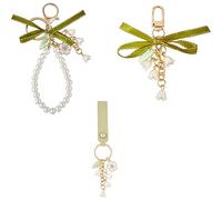 Craspire 3 pcs Émail Sakura Porte-Clés Pendentifs en Cuir Perle Bracelet Lanière Muguet Gland Porte-Clés en Alliage Or Clair Porte-Clés de Voiture Charme avec Cerceau Universel pour Femme Portefeuille