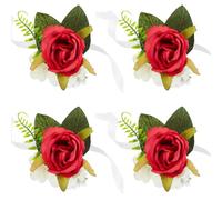 craspire 4 Corsage de Poignet en Rose Rouge Foncé Imitation Fleur en Plastique de Soie avec Feuille Verte Ruban de Soie Broche de Poignet Ensemble pour Mariée Demoiselles d'honneur Bal de Fin D'Année