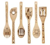 craspire 6 cuillère en Bois Motif Hibou « Always Love You » Ustensile de Cuisine Mots Animaux Vaisselle Vaisselle Nature Bambou Cuisine Sculptée Brûlée Spatule Fendue pour Décoration d'anniversaire